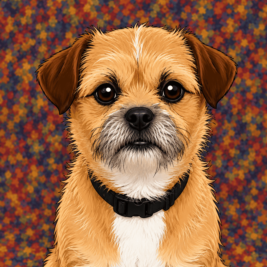 Jim, a scruffy tan terrier mix in a black collar, staring straight ahead